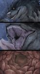  artist_name black_claws black_lips claws glistening glistening_eyes grey_body grin hi_res internal lips looking_at_viewer male mouth_shot narrowed_eyes open_mouth santanahoffman scalie sharp_teeth simple_background smile solo teeth tongue tongue_out vore yellow_eyes 
