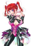  1girl absurdres breasts character_name cleavage clenched_hand detached_sleeves hair_tubes heart heart_hands highres idol kouno_sachiko koutari_maiko large_breasts looking_at_viewer official_art open_mouth purple_eyes red_hair sidelocks simple_background skin_tight smile solo super_robot_wars super_robot_wars_dd twintails white_background 