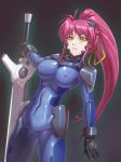  blue_bodysuit bodysuit breasts corruption covered_nipples dark_persona frown greatsword highres hip_armor holding holding_sword holding_weapon large_breasts latex latex_bodysuit leebigtree lyrical_nanoha mahou_shoujo_lyrical_nanoha mahou_shoujo_lyrical_nanoha_a&#039;s numbers_(nanoha) pink_hair ponytail ribbon shiny shiny_clothes signum sword thick_thighs thighs tight weapon yellow_eyes yellow_ribbon 