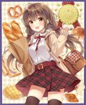  1girl :d ahoge anpan argyle argyle_background bag baguette bangs belt black_thighhighs blouse blush border bread breasts brown_eyes brown_hair brown_ribbon cardigan collar commentary_request cowboy_shot croissant crown floating_hair food frilled_collar frills hair_ribbon hand_up higeneko highres holding holding_bag holding_food long_hair looking_at_viewer low_twintails medium_breasts melon_bread open_cardigan open_clothes open_mouth original plaid plaid_skirt pleated_skirt pretzel purple_border red_skirt revision ribbon satchel shirt skirt sleeves_past_wrists smile solo teeth thighhighs thighs twintails waving white_shirt zettai_ryouiki 