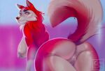  2022 anthro anus areola balto_(film) big_breasts big_butt black_nose breasts butt canid canine canis domestic_dog eyebrows eyelashes female fur genitals hi_res husky jenna_(balto) looking_at_viewer looking_back mammal multicolored_body multicolored_fur nordic_sled_dog nude pussy raised_tail rear_view red_body red_fur smile snegireva solo spitz thigh_gap two_tone_body two_tone_fur universal_studios watermark white_body white_fur 