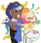  2girls aqua_eyes black_pants blue_hair cephalopod_eyes chest_sarashi closed_mouth clothing_cutout collarbone cosplay dark-skinned_female dark_skin food food_on_head frye_(splatoon) frye_(splatoon)_(cosplay) furrowed_brow groin hand_fan hand_on_hip harem_pants highres holding holding_fan horizontal_pupils long_hair marina_(splatoon) medium_hair mole mole_under_mouth multiple_girls navel_piercing object_on_head octarian pants pearl_(splatoon) piercing pink_hair pink_pupils poncho salorbt sarashi see-through shiver_(splatoon) shiver_(splatoon)_(cosplay) sleeveless smile splatoon_(series) splatoon_3 suction_cups tempura tentacle_hair tongue tongue_out white_pants yellow_crop_top yellow_eyes 