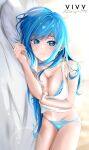 1girl absurdres bare_arms bed_sheet blue_bra blue_eyes blue_hair blue_panties bra character_name clement39 closed_mouth copyright_name groin highres long_hair lying midriff navel on_side panties pillow shiny shiny_hair shiny_skin shirt sleeveless sleeveless_shirt smile solo stomach straight_hair underwear very_long_hair vivy vivy:_fluorite_eye&#039;s_song white_shirt 
