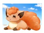  blue_sky blurry blurry_background border brown_eyes cloud full_body highres mimix no_humans open_mouth outside_border pokemon pokemon_(creature) signature sky vulpix white_border 