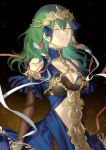  1girl bangs blue_dress braid breasts byleth_(fire_emblem) byleth_(fire_emblem)_(female) cleavage closed_eyes clothing_cutout commentary cosplay dress fire_emblem fire_emblem:_three_houses fire_emblem_heroes green_hair hair_between_eyes hair_ornament hair_ribbon highres large_breasts long_hair mik_blamike official_alternate_costume red_ribbon ribbon shoulder_cutout solo sothis_(fire_emblem) sothis_(fire_emblem)_(cosplay) stomach_cutout twin_braids white_ribbon 
