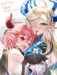  2girls ahoge bangs blonde_hair blue_horns blush breasts cleavage demon_girl gloves guardian_tales hair_ornament hair_over_one_eye heart heart-shaped_pupils highres horns jewelry large_breasts long_hair multiple_girls noble_succubus_bianca open_mouth pendant pointy_ears red_eyes red_hair short_hair simple_background succubus_adventurer_yuze symbol-shaped_pupils udon_frozen yuri 