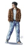  1boy absurdres bandage_on_face bandages belt black_hair brown_eyes brown_jacket denim full_body hands_in_pockets hazuki_ryou highres jacket jeans leather leather_jacket looking_to_the_side pants patch shenmue shirt shoes sideburns signature simple_background sliverofsand sneakers solo spiked_hair t-shirt thick_eyebrows white_background white_footwear white_shirt 