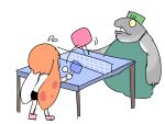  animal_humanoid anthro big_shot_(splatoon) bottomwear cephalopod cephalopod_humanoid clothing duo green_hair hair hi_res humanoid inkling marine marine_humanoid mollusk mollusk_humanoid nintendo orange_hair overalls ping_pong playing_game pokedon_0723 shorts simple_background splatoon video_games white_background 