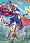  1girl alear_(fire_emblem) alear_(fire_emblem)_(female) armor bangs blue_eyes blue_hair breasts conope crossed_bangs fire fire_emblem fire_emblem_engage heterochromia knee_guards liberation_(fire_emblem) long_hair looking_at_viewer medium_breasts multicolored_hair puffy_sleeves red_eyes red_hair skirt solo thigh_strap thighs two-tone_hair very_long_hair 