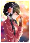  1girl absurdres bangs black_hair blurry blurry_background border bow brown_gloves coat gloves hair_between_eyes hair_bow hairband highres long_sleeves outdoors pink_coat profile red_eyes ryuo0128 shiny shiny_hair short_hair_with_long_locks sidelocks snowing solo spy_x_family white_border white_bow white_hairband winter winter_clothes winter_coat yor_briar 