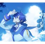  1boy 1c3ink3tk4n blue_eyes blue_hair blue_scarf blue_sky blue_theme coat from_side hand_up highres kaito_(vocaloid) letter long_sleeves looking_up male_focus nail_polish outdoors paper_airplane railroad_signal scarf short_hair shoujo_rei_(vocaloid) sky solo twitter_username vocaloid 
