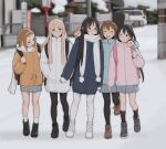  5girls akiyama_mio arms_around_neck backpack bag black_bag black_eyes black_footwear black_hair black_pantyhose blue_eyes blue_jacket blush brown_eyes brown_footwear brown_hair car closed_mouth forehead gloves grey_skirt ground_vehicle guitar_case happy heart heart_print highres hirasawa_yui instrument_case instrument_on_back jacket k-on! kotobuki_tsumugi long_hair luimiart motor_vehicle multiple_girls nakano_azusa open_mouth orange_jacket pantyhose pink_bag pink_jacket sakuragaoka_high_school_uniform scarf school_uniform shoes short_hair skirt smile snow tainaka_ritsu teeth tiara twintails uniform walking white_footwear white_gloves white_jacket white_scarf 