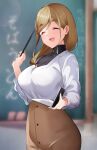  1girl ^_^ absurdres aged_up blonde_hair breasts buttons chalkboard closed_eyes high-waist_skirt highres holding holding_notebook inuyama_aoi large_breasts notebook open_mouth revision sezok skirt smile solo teacher upper_body yurucamp 