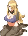  1girl absurdres arms_behind_back belly black_coat black_footwear black_pants blonde_hair blush bound bound_arms bra breasts cleavage coat cynthia_(pokemon) floral_print frown fur-trimmed_choker fur-trimmed_coat fur_trim grey_eyes hair_ornament hair_over_one_eye highres huge_breasts long_hair looking_at_viewer navel open_clothes open_coat pants pokemon pokemon_(game) pokemon_dppt purple_bra sidelocks simple_background sitting solo sweatdrop underwear very_long_hair wariza white_background zippppiz 