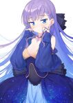  1girl bangs black_ribbon blue_dress blue_eyes blush breasts coffeekite dress fate/extra fate/extra_ccc fate/grand_order fate_(series) hair_ribbon highres long_hair long_sleeves looking_at_viewer meltryllis_(fate) purple_hair ribbon small_breasts solo very_long_hair 
