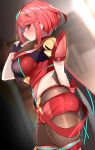  1girl absurdres bangs black_gloves breasts earrings enishi96 fingerless_gloves gem gloves headpiece highres jewelry large_breasts pyra_(xenoblade) red_eyes red_hair red_shorts short_hair short_shorts shorts solo swept_bangs tiara xenoblade_chronicles_(series) xenoblade_chronicles_2 