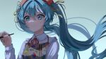  1girl absurdres apron bangs blue_background blue_eyes blue_hair blue_nails brown_apron closed_mouth collared_shirt flower frilled_shirt_collar frills hair_between_eyes hair_ribbon hatsune_miku highres holding holding_brush light_frown long_hair looking_at_viewer looking_away nail_polish paint_splatter paintbrush ribbon shirt solo tatyaoekaki upper_body very_long_hair vocaloid white_shirt yellow_ribbon 