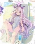  1girl bare_shoulders barefoot blue_archive breasts covered_navel drink hair_ornament hairclip halo highres hina_(blue_archive) horns long_hair looking_at_viewer lying on_back one-piece_swimsuit out_of_frame purple_eyes purple_hair sketch small_breasts swimsuit tyawantyawan356 very_long_hair white_one-piece_swimsuit 