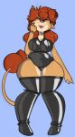  2018 anthro belly big_breasts black_clothing breasts cleavage clothed clothing dogfluid eyes_closed felid female freckles fur hair happy hi_res leggings legwear lion mammal multicolored_body multicolored_fur multicolored_tail navel open_mouth pantherine red_body red_fur red_hair red_tail smile solo stockings tan_body tan_fur tan_tail thick_thighs tight_clothing topwear two_tone_tail white_body white_fur wide_hips 