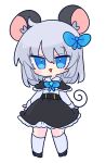  1girl alternate_eye_color animal_ears bangs black_capelet black_footwear black_skirt blue_bow blue_bowtie blue_eyes bow bowtie capelet grey_hair highres kneehighs mouse_ears mouse_girl mouse_tail nazrin op_na_yarou shirt shoes short_hair simple_background skirt socks solo tail touhou white_background white_capelet white_shirt white_socks 