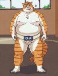  &lt;3 2022 anthro asian_clothing belly big_belly blush clothing detailed_background east_asian_clothing felid hi_res humanoid_hands inside japanese_clothing kemono male mammal maron2475 mawashi moobs nipples overweight overweight_male pantherine solo sumo sumo_ring sumo_wrestler tiger tongue tongue_out 