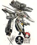  canopy_(aircraft) character_name choujikuu_yousai_macross dated felix_ip gerwalk gunpod hand_grab macross mecha no_humans open_hand robot science_fiction signature skull_and_crossbones solo vf-1 vf-1s white_background 