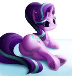  2016 butt butt_focus child clothing digital_media_(artwork) equid equine eyelashes female friendship_is_magic hair hasbro hi_res hooves horn horse looking_at_viewer looking_back looking_back_at_viewer lying mammal multicolored_hair my_little_pony on_side pink_body pony purple_hair purple_tail rear_view sitting smile solo starlight_glimmer_(mlp) two_tone_hair tyzain unicorn young 