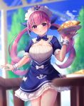  1girl :o absurdres anchor_symbol bangs blue_dress blue_hair blue_ribbon blue_sky blurry blurry_background bow braid breasts cleavage cloud commentary_request day depth_of_field dress food frilled_dress frills hair_ribbon hand_up highres holding holding_tray hololive long_hair looking_at_viewer maid_headdress medium_breasts minato_aqua multicolored_hair neko_punch_(user_hddm3373) omurice outdoors parted_lips pink_hair puffy_short_sleeves puffy_sleeves purple_eyes rainbow ribbon short_sleeves sky solo streaked_hair tray twintails two-tone_hair very_long_hair virtual_youtuber white_bow wrist_cuffs 