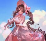  1girl absurdres ambience_synesthesia arknights bangs blue_eyes blue_sky bonnet bow breasts brown_hair cloud commentary_request day dress duyexuanyan eyjafjalla_(arknights) gloves highres long_hair long_sleeves looking_at_viewer medium_breasts outdoors outstretched_arms parted_lips puffy_long_sleeves puffy_sleeves red_bow sketch sky solo twintails very_long_hair white_dress white_gloves white_headwear 