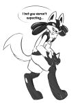  2022 anthro biped chest_spike dialogue digital_media_(artwork) digitigrade english_text fizzy-dog generation_4_pokemon hand_on_leg hi_res humor looking_at_viewer lucario male monochrome nintendo paws pokemon pokemon_(species) simple_background solo spikes spikes_(anatomy) talking_to_viewer text video_games white_background 