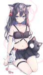  1girl absurdres animal_ear_fluff animal_ears bandaged_arm bandages bandaid bandaid_on_arm bangs bare_shoulders bell black_choker black_hair black_skirt bow breasts cat_ears choker cleavage closed_mouth collarbone commentary frilled_skirt frills full_body green_eyes hair_bell hair_between_eyes hair_bow hair_ornament highres jingle_bell long_hair looking_at_viewer moemoepiano navel original paw_hair_ornament pink_bow pleated_skirt romaji_commentary sitting skindentation skirt small_breasts solo stuffed_animal stuffed_cat stuffed_toy thigh_strap white_background 