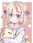  1girl animal back_bow bangs blonde_hair blue_eyes blush bow cat center_frills child female_child frilled_shirt_collar frills hacosumi hair_bow highres holding holding_animal holding_cat long_sleeves looking_at_viewer oekaki original short_hair sleeves_past_wrists smile solo suspenders 