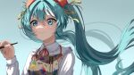  1girl absurdres apron bangs blue_background blue_eyes blue_hair blue_nails brown_apron closed_mouth collared_shirt commentary_request flower frilled_shirt_collar frills hair_between_eyes hair_ribbon hatsune_miku highres holding holding_brush light_frown long_hair looking_at_viewer looking_away nail_polish paint_splatter paintbrush ribbon shirt solo tatyaoekaki upper_body very_long_hair vocaloid white_shirt yellow_ribbon 