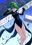  1girl absurdres black_dress breasts covered_navel curly_hair dress floating green_eyes highres legs levitation long_dress long_sleeves looking_at_viewer medium_breasts one-punch_man open_mouth ryoha_kosako short_hair skindentation small_breasts solo tatsumaki telekinesis telepathy thighs 