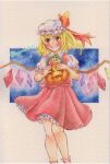  1girl ascot basket blonde_hair blush brown_eyes collared_shirt fang feet_out_of_frame flandre_scarlet frilled_skirt frilled_sleeves frilled_socks frills glowing glowing_wings halloween_bucket hat head_tilt highres holding holding_basket looking_at_viewer medium_hair mob_cap multicolored_wings puffy_short_sleeves puffy_sleeves pumpkin red_skirt red_vest shin1ar24 shirt short_sleeves simple_background skin_fang skirt skirt_set socks solo touhou traditional_media vest watercolor_pencil_(medium) white_headwear white_shirt white_socks wings yellow_ascot 