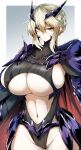  1girl armor artoria_pendragon_(fate) artoria_pendragon_(lancer_alter)_(fate) black_bodysuit black_cape blonde_hair bodysuit braid breasts cape center_opening fate/grand_order fate_(series) faulds french_braid gin_moku hair_between_eyes highleg highres horns huge_breasts long_hair looking_at_viewer navel pauldrons revealing_clothes ribbed_bodysuit shoulder_armor sideboob sidelocks solo thighs underboob yellow_eyes 