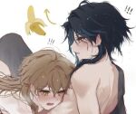  ! !! 2boys aether_(genshin_impact) artist_request back banana bare_back blonde_hair food fruit genshin_impact green_hair implied_erection long_hair male_focus multicolored_hair multiple_boys open_mouth source_request xiao_(genshin_impact) yaoi yellow_eyes 