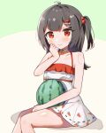  1girl black_hair collarbone commentary dress emi_suika food food-themed_hair_ornament fruit grey_choker hair_ornament highres idol_(vtuber_group) looking_at_viewer red_eyes renoa_yu virtual_youtuber watermelon watermelon_hair_ornament white_dress x_hair_ornament 