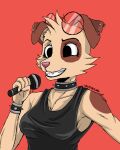  anthro black_clothing brown_body canid canine canis clothing domestic_dog eyewear female fur glasses hi_res mammal microphone multicolored_body multicolored_fur open_mouth open_smile pink_nose smile solo spike_the_furry 