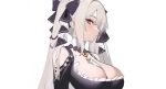  1girl azur_lane bangs bare_shoulders between_breasts black_dress blush breasts cleavage dress formidable_(azur_lane) grey_hair hair_ribbon highres large_breasts long_hair looking_at_viewer neck_ribbon red_eyes ribbon solo spider_apple twintails two-tone_dress two-tone_ribbon very_long_hair white_background 