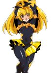  1girl armpits arms_up bad_end_peace bad_end_precure black_bodysuit black_headwear blush bodysuit breasts cameltoe corruption covered_navel covered_nipples dark_persona flat_chest frilled_sleeves frills latex latex_bodysuit legs_together looking_at_viewer navel nipples open_mouth ponytail precure pussy shiny shiny_clothes skin_tight skirt small_breasts smile_precure! surprised toppogi yellow_eyes 