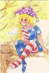  1girl american_flag_dress american_flag_legwear bird bird_nest blonde_hair blush breasts chick clownpiece ginkgo ginkgo_leaf hair_between_eyes hat highres in_tree jester_cap leaf long_hair neck_ruff no_shoes outdoors purple_headwear shin1ar24 short_hair sitting sitting_in_tree small_breasts solo touhou traditional_media tree watercolor_pencil_(medium) 