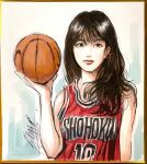  1girl akagi_haruko ball bangs basketball basketball_jersey brown_eyes brown_hair chinese_commentary felix_ip hair_behind_ear highres holding holding_ball long_hair looking_at_viewer photo_(medium) shikishi signature slam_dunk_(series) smile solo traditional_media 