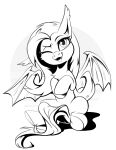 absurd_res bat_pony bat_wings chest_tuft cute_fangs ear_tuft equid fangs female feral flutterbat_(mlp) fluttershy_(mlp) friendship_is_magic greyscale hasbro hi_res hooves inktober long_tail mammal membrane_(anatomy) membranous_wings monochrome my_little_pony one_eye_closed open_mouth open_smile sitting smile solo taneysha tuft wings wink 