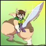  2022 anthro big_breasts bottom_heavy breasts brown_hair canid canine canis deonwolf digital_media_(artwork) domestic_dog eyewear female glasses hair hi_res huge_hips huge_thighs hyper hyper_hips hyper_thighs mammal melee_weapon nintendo shiba_inu solo spitz sword the_legend_of_zelda thick_thighs video_games weapon wide_hips 