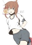  1girl alternate_costume arms_behind_back artist_name bread bread_eating_race brown_eyes brown_hair dated flat_chest food gym_shorts highres inazuma_(kancolle) kantai_collection midriff_peek navel one_eye_closed open_mouth shirt shoes short_hair short_sleeves shorts sneakers solo taira_yuuki white_background white_shirt 