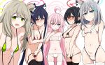  5girls :d @_@ absurdres ahoge alternate_costume angry animal_ear_fluff animal_ears arms_behind_back ass_visible_through_thighs asymmetrical_bangs ayane_(blue_archive) bangs bare_shoulders bikini black_bikini black_hair black_thighhighs blue_archive blue_eyes blush braid breasts brown_eyes cat_ears cleavage closed_mouth collarbone covered_nipples cowboy_shot cross_hair_ornament donutman ear_blush embarrassed expressionless extra_ears glasses green_bikini green_eyes grey_hair hair_between_eyes hair_bun hair_ornament halo hand_on_own_arm hand_on_own_chin harem heterochromia highres hoshino_(blue_archive) huge_breasts leaning_forward licking_lips light_blush long_hair looking_at_viewer medium_breasts medium_hair micro_bikini mismatched_pupils multiple_girls naughty_face navel nervous nonomi_(blue_archive) open_mouth pink_hair pointy_ears red_bikini red_eyes ribbon-trimmed_bikini seductive_smile serika_(blue_archive) shiroko_(blue_archive) short_hair side-tie_bikini_bottom sidelocks simple_background single_side_bun small_breasts smile standing stomach string_bikini sweatdrop swimsuit thigh_gap thighhighs tongue tongue_out twintails very_long_hair white_background white_bikini white_thighhighs wolf_ears x_hair_ornament yellow_eyes 