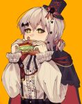  +_+ 1girl aiguillette aoba_moca bang_dream! bangs bat_hair_ornament black_birch blush center_frills cloak eating food frilled_shirt_collar frilled_sleeves frills green_eyes grey_hair hair_ornament hair_ribbon halloween halloween_costume hat hat_ornament hat_ribbon holding holding_food long_sleeves low_twintails mini_hat mini_top_hat neck_ribbon ribbon sandwich short_hair short_twintails sleeves_past_wrists solo star_(symbol) star_hair_ornament suspenders toothpick top_hat twintails 