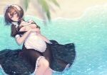  1girl absurdres apron bangs beach bikini bikini_top_only black_bikini black_dress blue_eyes blurry blurry_foreground blush braid breasts breasts_apart brown_hair day dress frilled_apron frilled_dress frills glasses hair_between_eyes highres horizon looking_at_viewer lying maid maid_apron maid_bikini maid_headdress medium_breasts micro_bikini monocle ocean on_back open_clothes open_dress original outdoors parted_lips partially_submerged sakura_shiho short_hair short_sleeves solo swimsuit thighs water waves wet wet_clothes wet_dress white_apron 