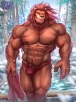  abs absurd_res anthro bamboo bath biceps bulge clothing digital_media_(artwork) felid fur hi_res hot_spring lion looking_at_viewer male mammal mane muscular muscular_male nipples obliques orange_body orange_eyes pantherine pecs physen plant pubes quads scar solo steam tree underwear water 